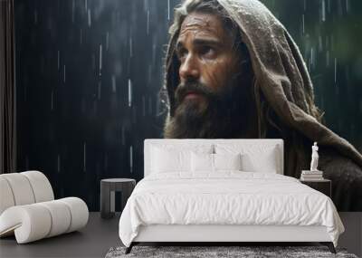 Portrait of Jesus Christ in the rain, dark background. Wall mural