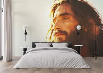 Portrait of Jesus Christ with long hair and beard on sunset background. Wall mural