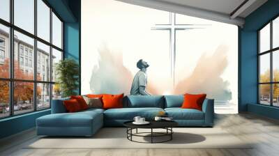 Praying man in front of the cross. Christian concept. Wall mural