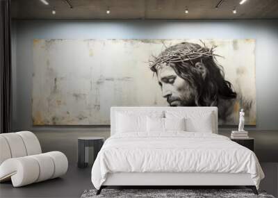 Religious contemporary art.  Graffiti representing Jesus on the facade of a building. Copy space Wall mural