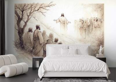 Resurrection of Jesus: Jesus appears to his followers. Life of Jesus. Digital line-art illustration. Wall mural