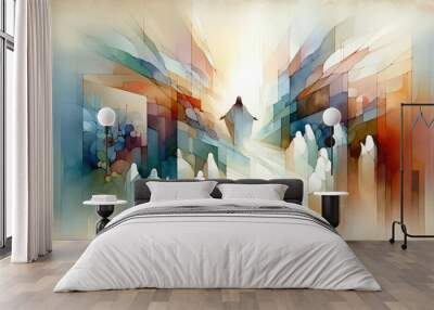 Resurrection of Jesus: Jesus appears to his followers. Life of Jesus. Digital watercolor painting. Wall mural