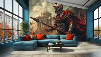 Roman legionary warrior in the ruins of the ancient Roman city. Wall mural