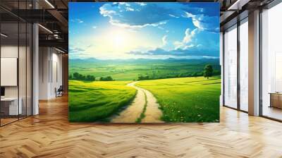 Rural landscape with road to horizon and blue sky with clouds. Wall mural