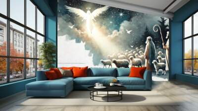 Shepherds gaze at a radiant angel in the night sky, with their flock nearby.
 Wall mural