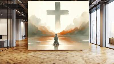 Silhouette of a man kneeling by the lake and looking at the cross.  Digital watercolor painting. Wall mural