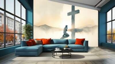 Silhouette of a man praying in front of a cross.  Digital watercolor painting. Wall mural