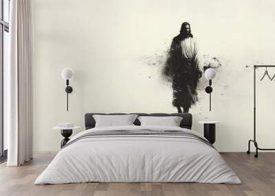 Silhouette of Jesus moving through mist, with a textured, smoky atmosphere. Grunge effect. Wall mural