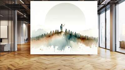 Silhouette of Jesus standing on top of a mountain and preaching to the crowd. Watercolor painting. Wall mural