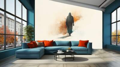 Silhouette of the Messiah walking. Digital watercolor painting. Wall mural