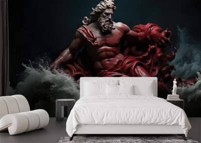 Statue of a mythological god with red paint on a water wave, dark background Wall mural