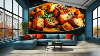 Thanksgiving. Roasted Sweet Potatoes. Baked sweet potato with herbs and spices in a bowl on a dark background. Wall mural