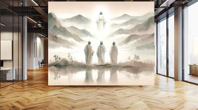 The greatest miracle: Transiguration of Jesus. llustration of Jesus appearing bright to Peter, James and John on a mountain. Digital watercolor painting. Wall mural