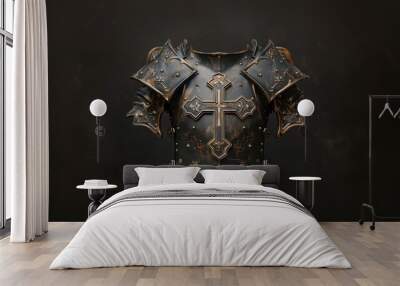 The Holy Knight: Armor of Christ. Medieval armor  with ornate decorations, cross and floral motifs on black background. Wall mural