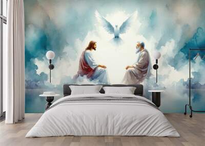 The Holy Trinity: the Father, the Son, and the Holy Spirit. Digital watercolor painting. Wall mural