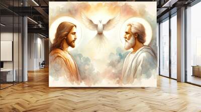 The Holy Trinity: the Father, the Son, and the Holy Spirit. Digital watercolor painting. Wall mural