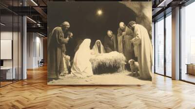 The Nativity. Baby Jesus lies in a manger, surrounded by Mary, Joseph, and sheperds in a small stable. Monochrome. Wall mural