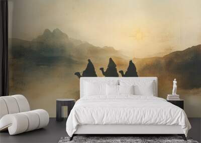 Three Wise Men. Caravan of camels in the desert. Vintage painting style. Wall mural