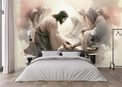 Washing of the Feet. Jesus. Maundy Holy Thursday. New Testament. Watercolor Biblical Illustration	 Wall mural