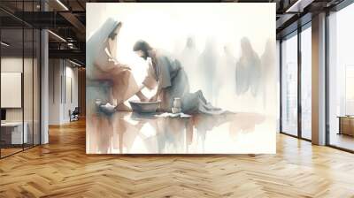 Washing of the Feet. Jesus. Maundy Holy Thursday. New Testament. Watercolor Biblical Illustration	 Wall mural