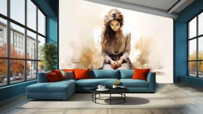 Watercolor artwork of a woman praying Wall mural