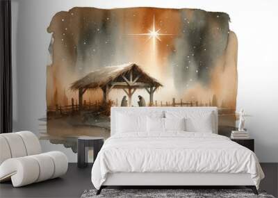 Watercolor illustration of Jesus Christ birth. Night landscape Wall mural