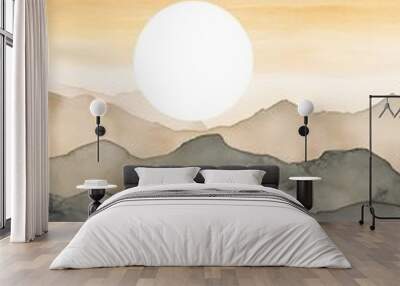 Watercolor mountain landscape with sun. Digital art painting. Wall mural