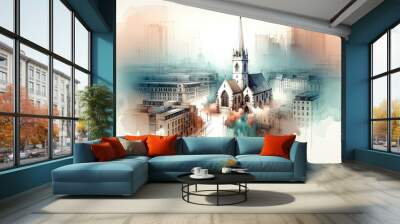 Watercolor painting of a little church in London, cityscape skyline Wall mural