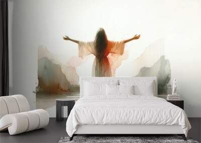 woman in worship in valley landscape. watercolor illustration. Wall mural