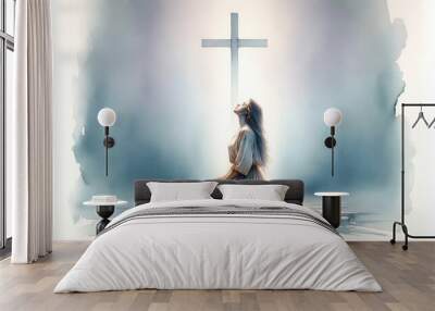 Young woman kneeling and looking at the cross in the sky. Digital watercolor painting. Wall mural