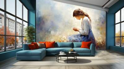 Young woman praying on the grass and flowers. Oil painting Wall mural