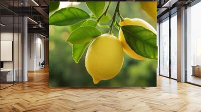 two lemons on a branch with green leaves Wall mural