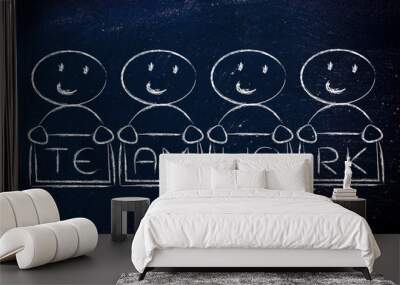 collaboration, sharing work and team work: funny characters illu Wall mural