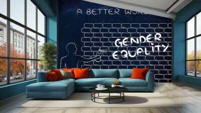 man writing Gender Equality as wall graffiti, caption A better w Wall mural