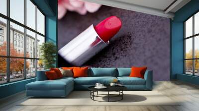 red lipstick, nail polish&  pink petals Wall mural