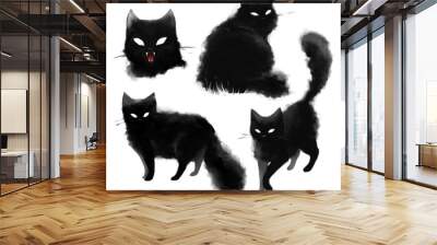 Digital illustration with black cats. Digital animal set. Collection with black fluffy cats. Wall mural