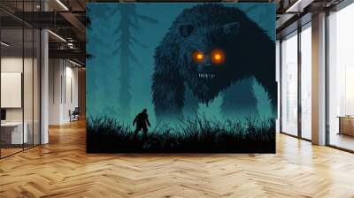 Silhouetted Man Facing a Giant Beast in a Mysterious Forest Wall mural