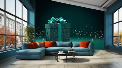 Teal green festive celebration with present and glitter Wall mural