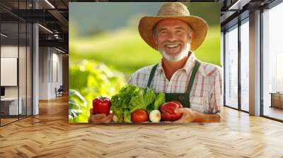 Smiling Farmer Showcasing Fresh Organic Produce Outdoors Wall mural