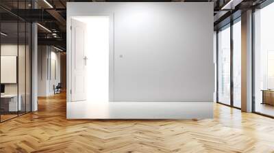 A bright, unidentified place is reached by a white wall with copy space and a half-open door. Wall mural