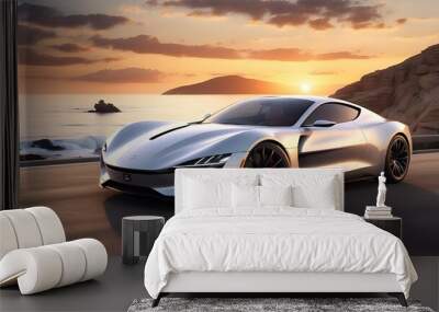 Luxury Sports Car: Imagine a sleek and powerful sports car driving along a coastal road at sunset. Detail its design, speed, and the sense of freedom it evokes. Wall mural