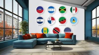 3D embossed and circular design flag icons for North American countries. Vector illustration. Wall mural