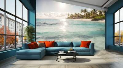 Beautiful panorama of blue beach and white sand in Maldives with summer beach background. Wall mural