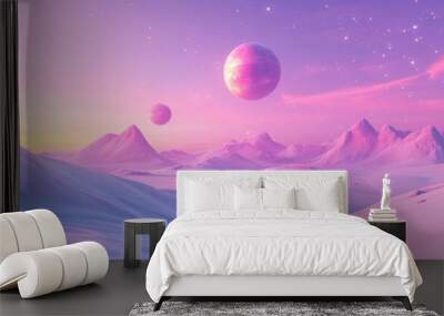 A mountain range with a pink sky and a pink planet in the sky. There are also two other planets in the sky Wall mural