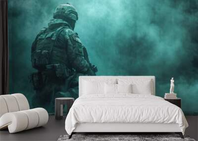 A special forces soldier in camouflage kneels with an assault rifle on a green and black background in a dark cinematic style with smoke effects Wall mural