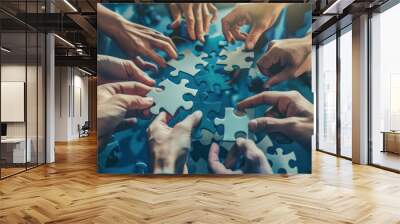 Above view of diverse corporate workers collaborating in office connecting puzzle pieces as partnership and teamwork concept Wall mural