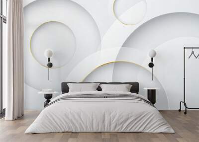 Abstract 3D circle papercut layer white background with gold line effect Wall mural