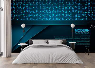 Dark abstract background with blue overlap layers. Modern texture with blue square glitters dots element decoration. Realistic dimension design vector illustration. Wall mural