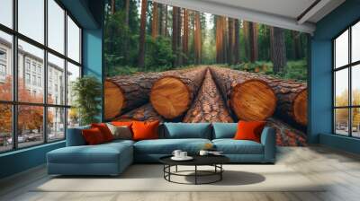 forest pine and spruce trees log trunks pile the logging timber wood industry wide banner or panorama wooden trunks Wall mural