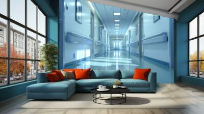 hospital corridor lined with closed doors leading to patient rooms, with bright lighting and clefloors, symbolizing the dedicated and professional environment of medical professionals  Wall mural